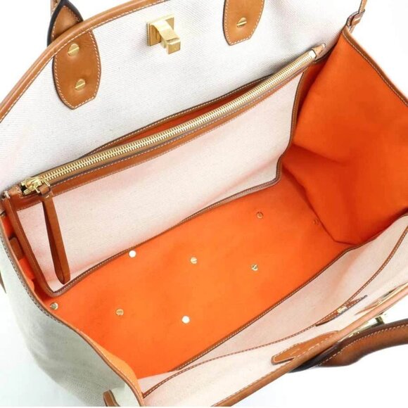 Auth Salvatore Ferragamo Gancini Handbag Off White/Brown Canvas/Leather - Picture 15 of 16